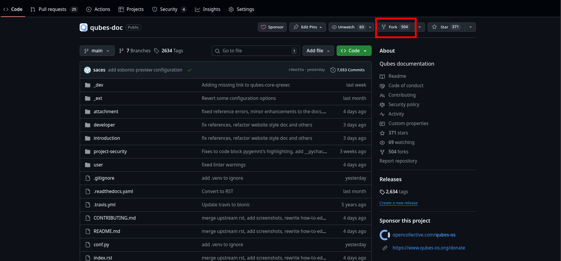 Highlights the Fork Button on GitHub for the qubes-doc repository