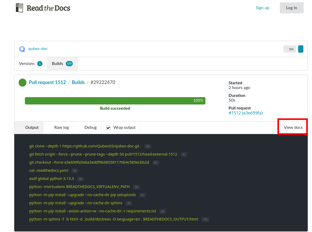 Highlights the View Docs button in a specific build for a pull request <number> on RTD
