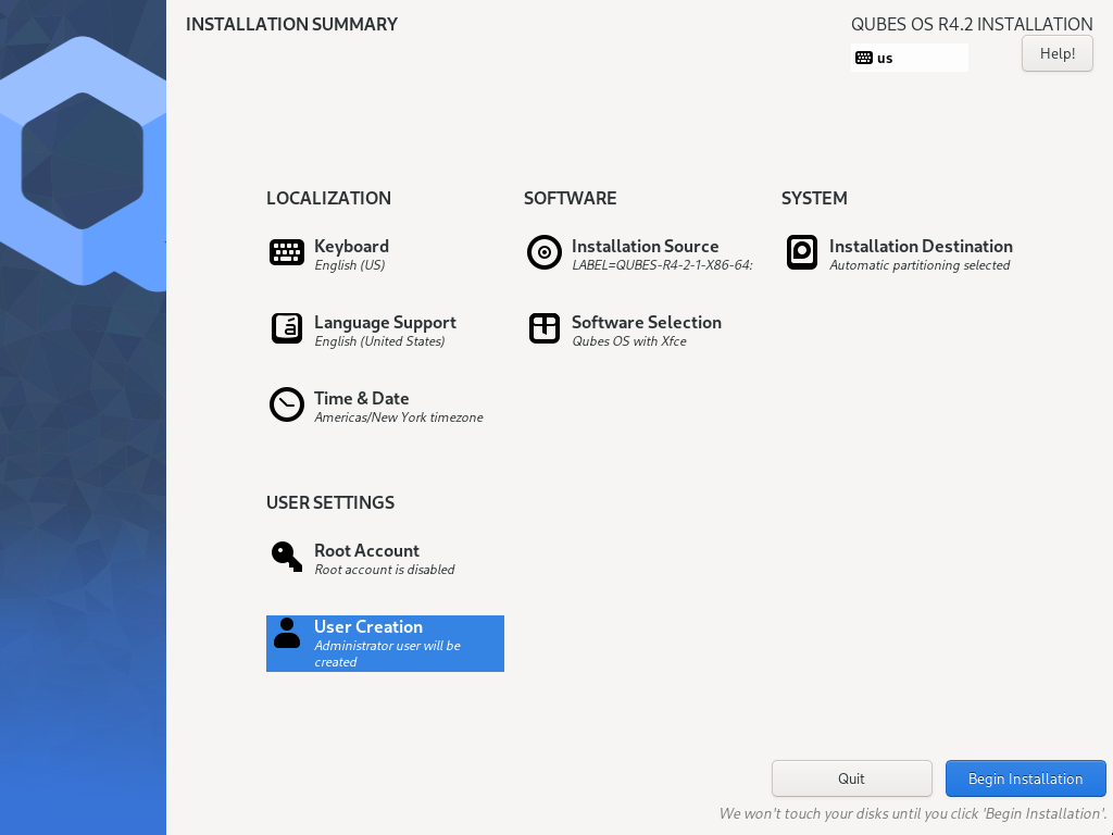 Installation summary screen awaiting input