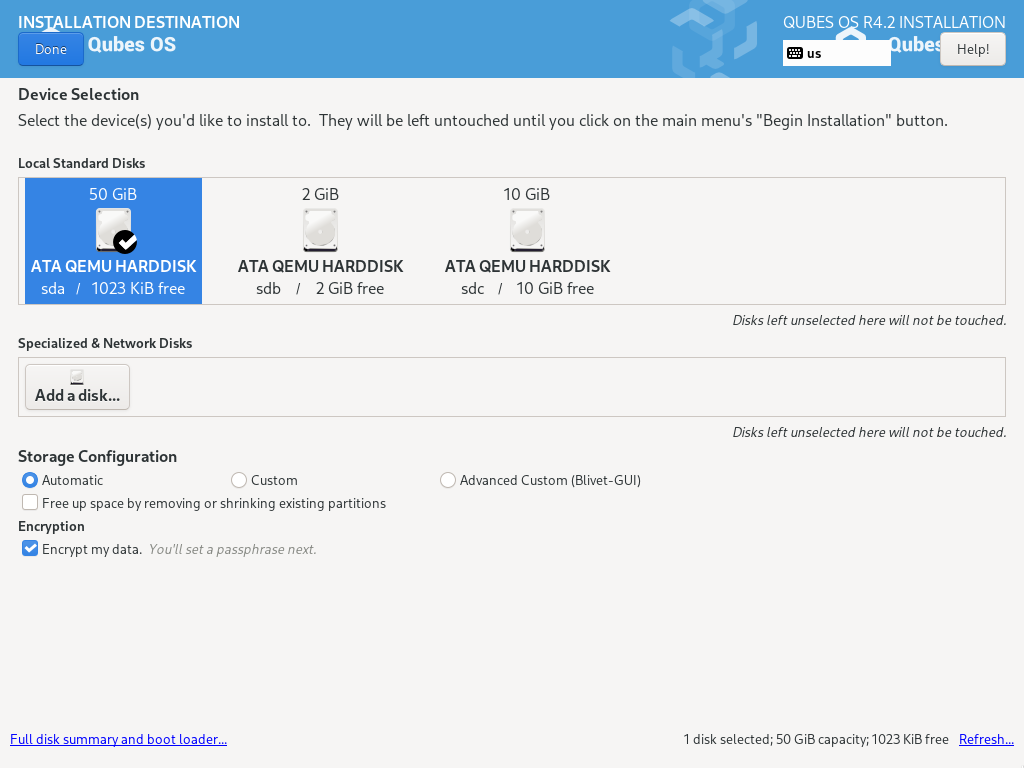 Select storage device screen