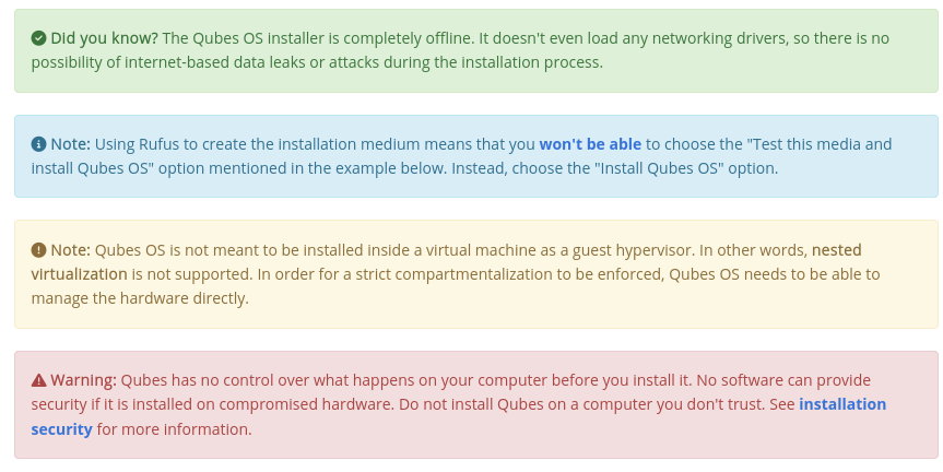 Depicts different alerts and messages: note, warning, danger and how they are rendered on the website