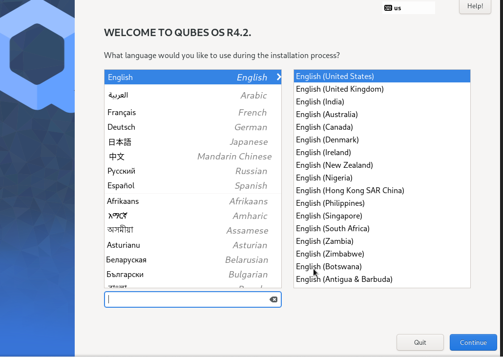 Language selection window
